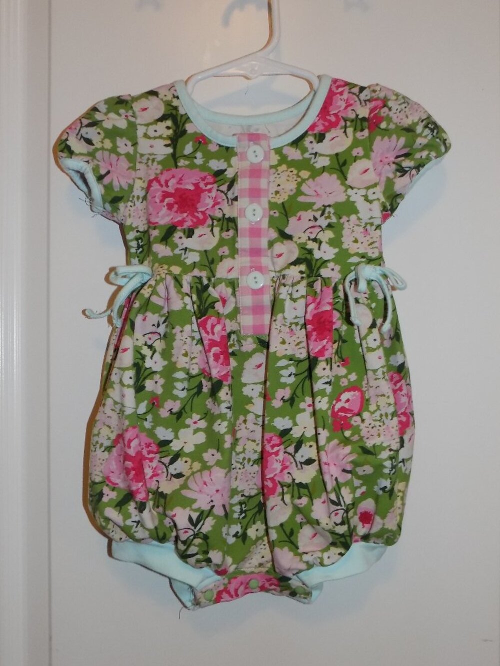 SWEETHONEY Girls Floral 1 Pc 18M Knit Bubble Romper Green Pink Blue Gingham Trim